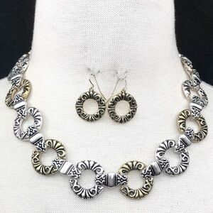2-Tone Silver Gold Mixed Metal Swirl Circles Classic Necklace Earrings Set